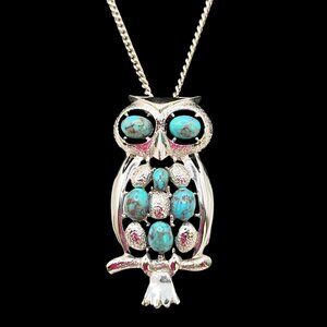 Women's Silver Tone Faux Turquoise Owl Pendant Necklace Boho Chic Novelty